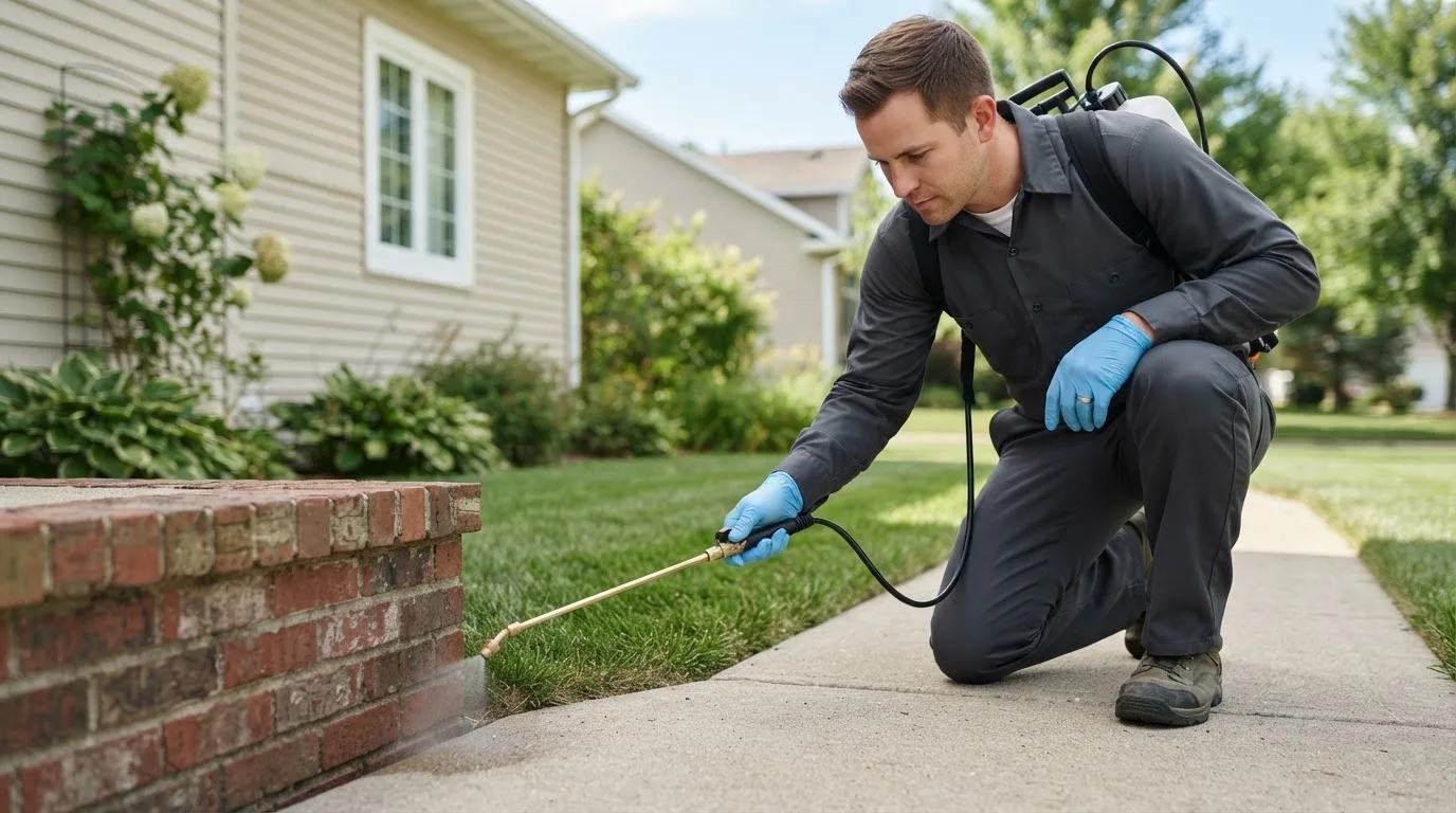 Pest control technician treating a home near Strasburg, ND