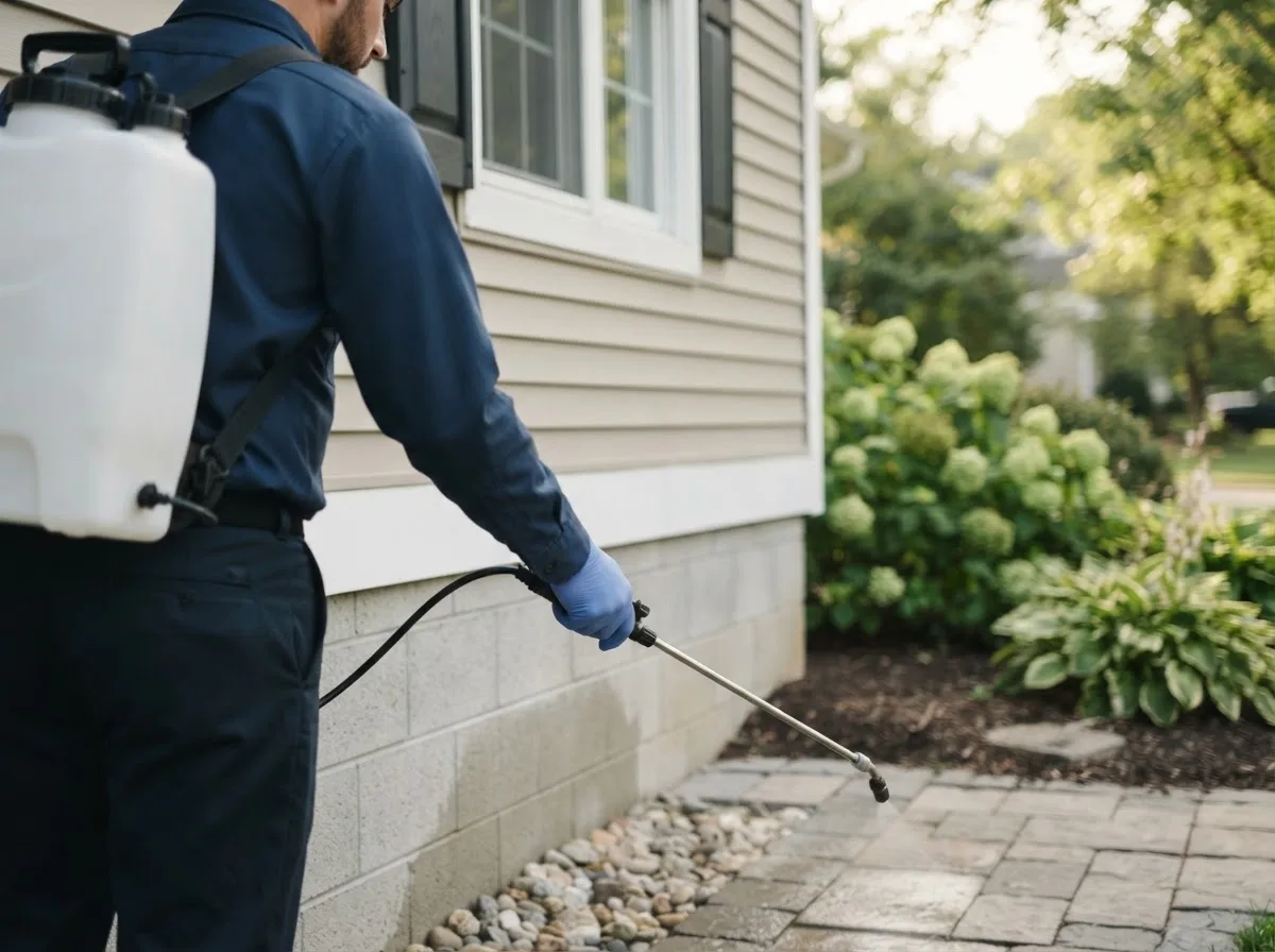 Pest control technician inspecting a home in Strasburg, ND